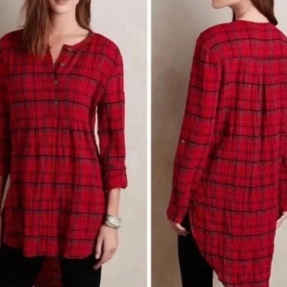 🦋  ANTHROPOLOGIE HOLDING HORSES Red Flannel Tunic XS Penny Plaid Henley Top
